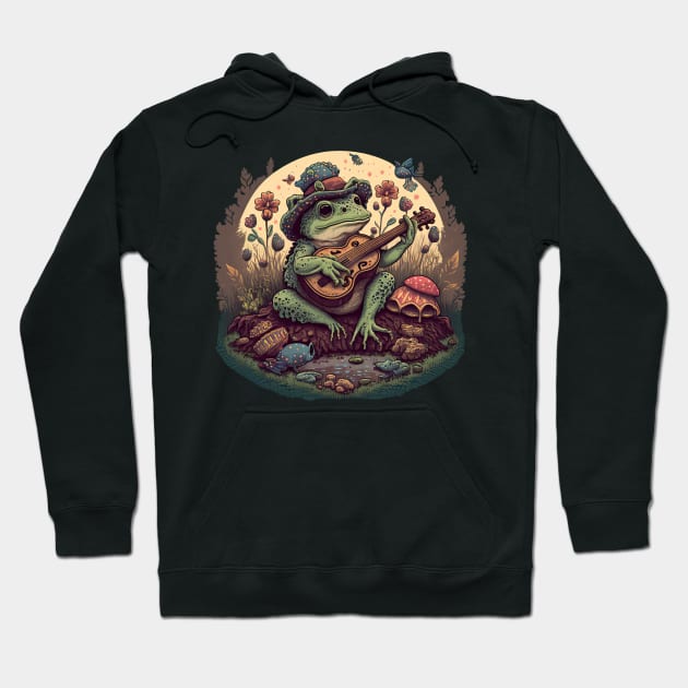 Cottagecore aesthetic cute frog playing ukelele on Mushroom Hoodie by JayD World